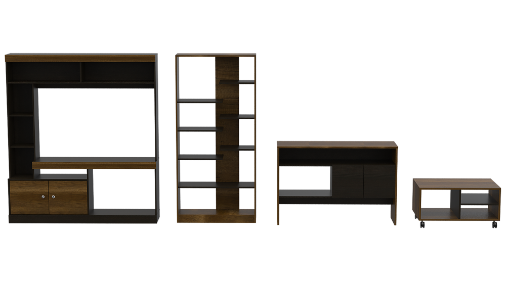 Estante TV + Biblioteca + Arrimo + Mesa de Centro Color Caramelo y Wengue Para Sala De Estar